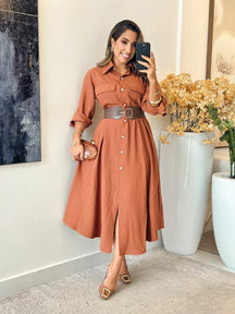 Vestido Linho Charmisse/Manga Longa Com Botões