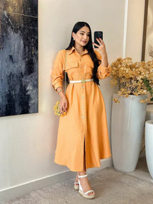 Vestido Linho Charmisse/Manga Longa Com Botões