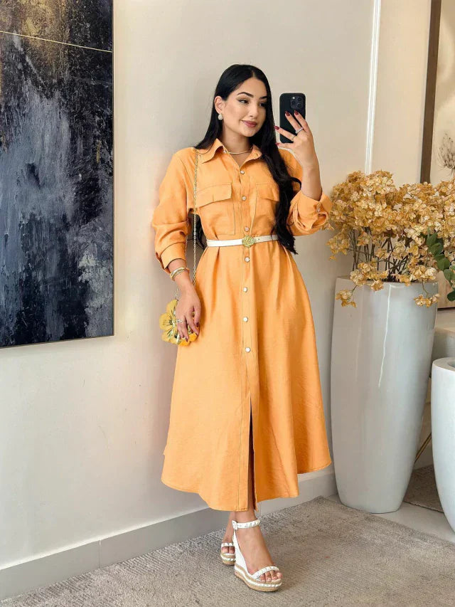 Vestido Linho Charmisse/Manga Longa Com Botões